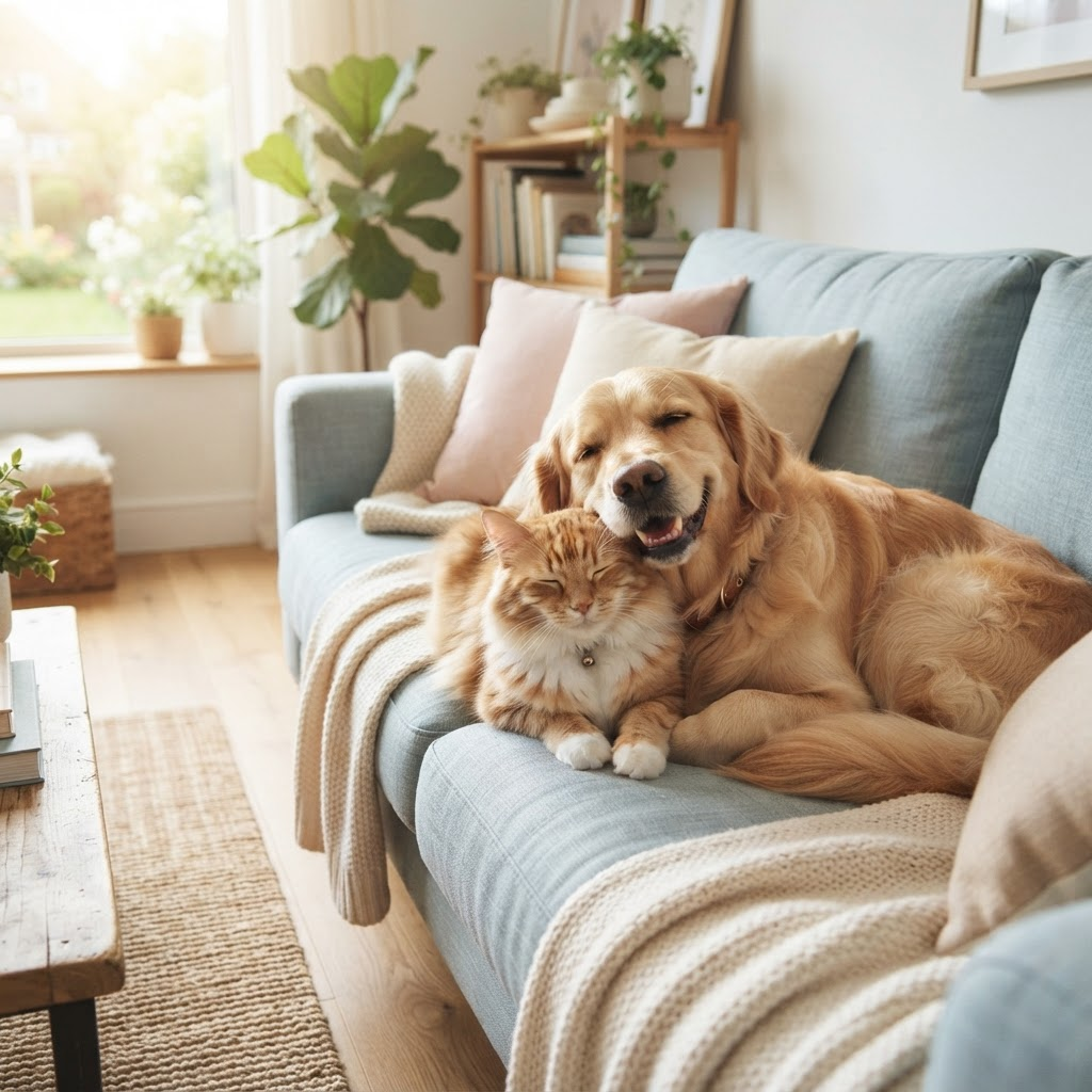 Bir kanepede birlikte uzanan mutlu köpek ve kedi