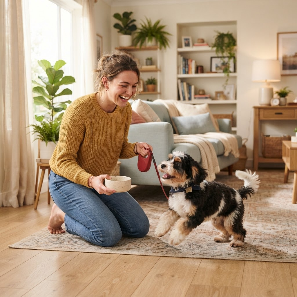 Evine bir köpeği sıcak bir şekilde karşılayan ev sahibi
