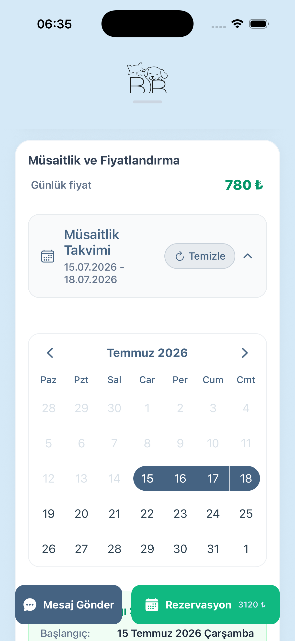 Müsaitlik takvimi ekranı